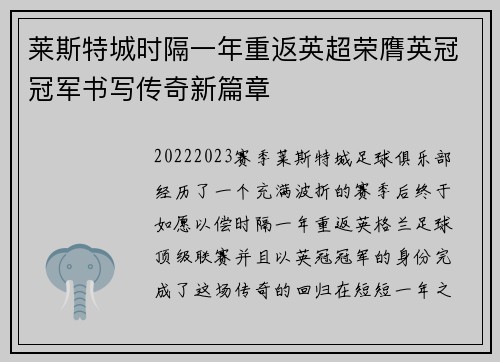 莱斯特城时隔一年重返英超荣膺英冠冠军书写传奇新篇章 莱斯特城时隔一年重返英超荣膺英冠冠军书写传奇新篇章